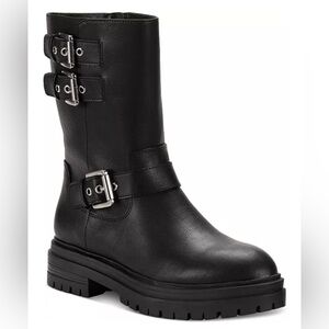 NIB, Sun & Stone Onnyx Moto boot w/buckle and strap detail and chunky lug sole.